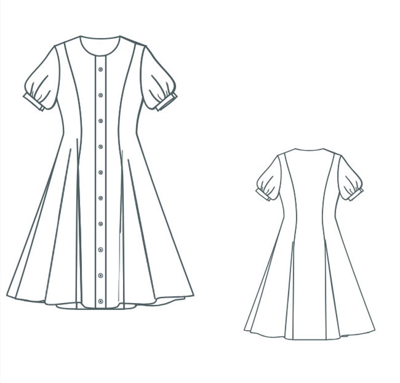May include: A white dress with a button-up front and short puffed sleeves. The dress has a fitted bodice and a flared skirt.