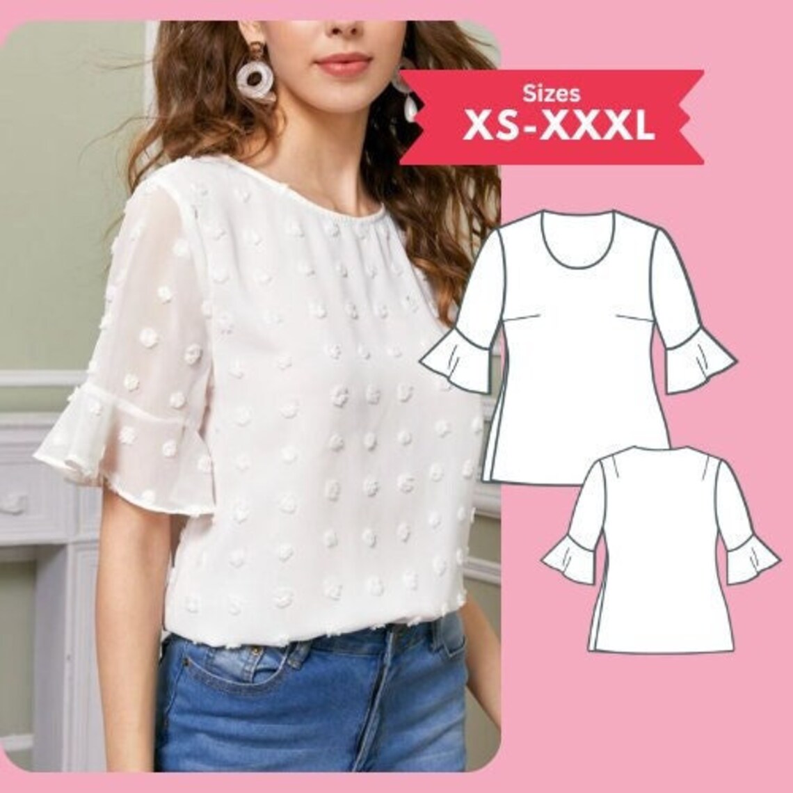 Ruffle Sleeve Top PDF Sewing Pattern Round Neck Blouse Shirt Sewing ...
