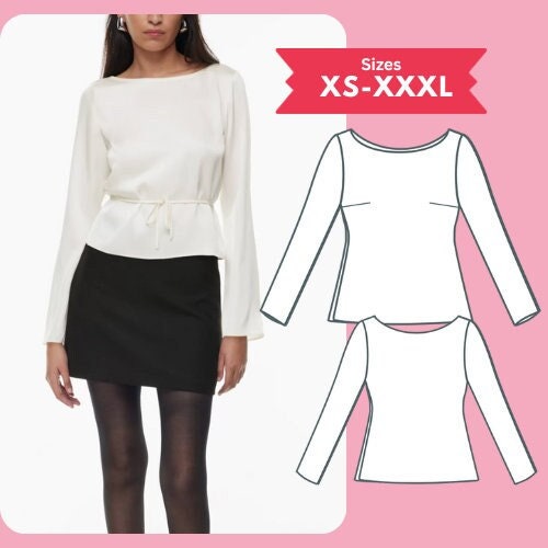 PDF Boatneck Blouse Sewing Pattern Long Sleeve Highneck Shirt Top Pattern Size XS-XXL Digital Download Sewing Tutorial Printable Top Pattern