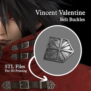 May include: A silver metal belt buckle with a detailed cross design. The buckle is in the shape of a hexagon with rounded edges. The buckle is for 3D printing. STL Files for 3D Printing. Vincent Valentine Belt Buckles.