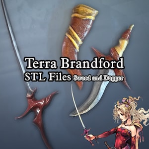 May include: A 3D printed set of Terra Brandford's sword and dagger from Final Fantasy VI. The sword is silver with a red and gold hilt. The dagger is red and gold with a silver blade. The text "Terra Brandford STL Files Sword and Dagger" is visible in the image.