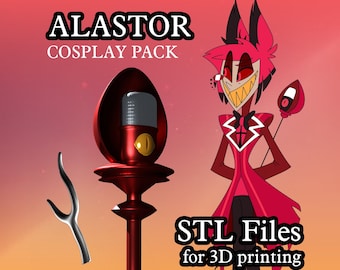May include: A red and black cartoon character with a microphone and a pitchfork. The text "ALASTOR COSPLAY PACK STL Files for 3D printing by KUJALICE" is on the image.