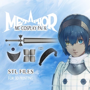 May include: A 3D printed cosplay pack for a character from the video game "Metaphor". The pack includes a sword, a helmet, and other accessories. The image also shows a character from the game with blue hair and a white and blue outfit.