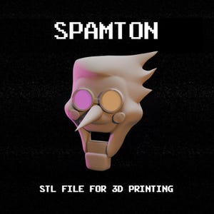 Puede incluir: Modelo 3D de la cabeza de un personaje con una nariz larga y gafas redondas con lentes rosas y naranjas. El texto "SPAMTON" está arriba y "STL FILE FOR 3D PRINTING" abajo. El modelo es beige sobre un fondo negro.