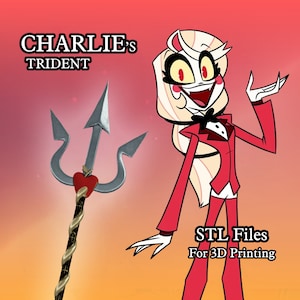 May include: A red and white cartoon character with a black bow tie, holding a trident with a red heart on the handle. The text "CHARLIE'S TRIDENT" is in the top left corner of the image. The text "STL Files For 3D Printing" is in the bottom right corner of the image.