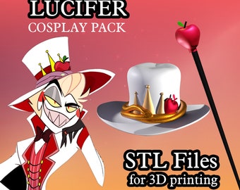 May include: A 3D printable cosplay pack for Lucifer from the show "Helluva Boss". The pack includes a white top hat with a gold snake and red apple, a staff with a red apple, and a red and white costume.