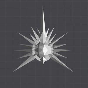 May include: A white, geometric, 3D model of a starburst with a pointed center and many radiating points.