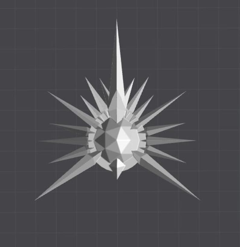May include: A white, geometric, 3D model of a starburst with a pointed center and many radiating points.