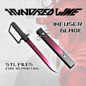 Puede incluir: Una espada impresa en 3D de color negro y rojo con mango y hoja. La espada está etiquetada como "Infuser Blade" y "STL Files for 3D Printing".