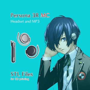 May include: A 3D printed model of a headset and MP3 player from the Persona 3 video game. The model is printed in black and gray plastic. The headset is worn by a character from the game, who is depicted in the background.