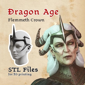 May include: A 3D printed model of a crown from the Dragon Age video game series. The crown is black and silver with a sharp, pointed design. The crown is shown on a white mannequin head. The text "Dragon Age" and "Flemmeth Crown" is displayed above the image. The text "STL Files for 3D printing" is displayed below the image.