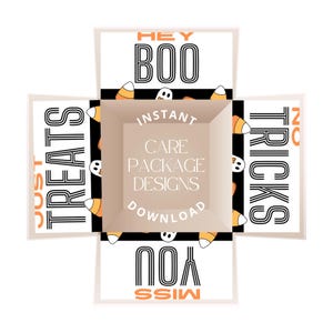 Può includere: Un design di pacchetto di cura a tema Halloween con le parole "Hey Boo", "Just Treats", "No Tricks" e "Miss You". Il design include grafica di caramelle e fantasmi, con il testo "Instant Care Package Designs Download".