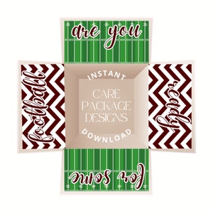 May include: A brown and white chevron pattern with the text "football" on the left side and "ready" on the right side. The center of the image shows a brown box with the text "INSTANT CARE PACKAGE DESIGNS DOWNLOAD". The top and bottom of the image show a green football field with the text "are you" and "for some" on the field.