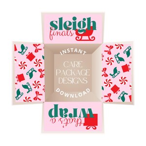 May include: A pink Christmas-themed care package design with the words "sleigh finals" and "that's a wrap." The design includes a red sleigh, green sleighs, red gift boxes, and red and white peppermint candies.