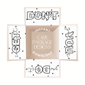 May include: An open, square box design with the words "DON'T STRESS", "CHEER YOU", and "DO YOUR BEST" in black script. The box also features the text "INSTANT CARE PACKAGE DESIGNS DOWNLOAD". Small black stars are scattered around the text.