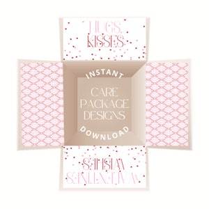 May include: A printable care package design with a pink and white pattern and the text "Hugs, Kisses" on the top, "Instant Care Package Designs Download" in the center, and "Sentiments" on the bottom.