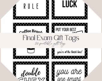 May include: Printable gift tags with black and white designs. The tags feature phrases such as "Nerds Rule," "Good Luck," and "You Are One Smart Cook." The words are in a bold, easy-to-read font.