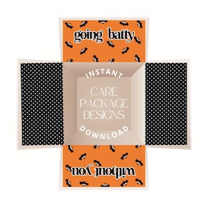 May include: A printable Halloween-themed box design with a black and white polka dot pattern and an orange background with bats. The text on the box says "going batty" and "With you". The text in the center of the box says "Instant Care Package Designs Download".