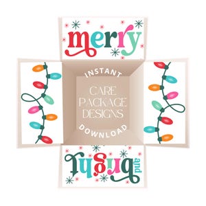 Può includere: Una scatola a tema natalizio progettata digitalmente con le parole "merry" e "bright" in testo colorato. La scatola presenta stringhe di luci natalizie colorate e il testo "INSTANT CARE PACKAGE DESIGNS DOWNLOAD".
