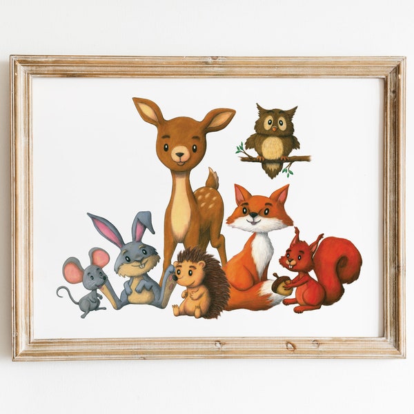 Cute Woodland Friends poster with Forest Animals, Kids Wall Decor, Digital download