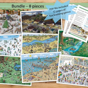 I Spy Printable Poster Bundle: School, Bugs, Jungle, Savanna, Beach, Winter, Halloween, Santas Workshop + Activity Ideas (Digital Download)