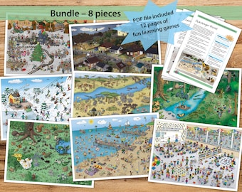 May include: A collection of eight illustrated learning games, including a scavenger hunt. The images show scenes like a winter scene, a beach, and a classroom. The bundle includes a PDF file with 12 pages of fun learning games.
