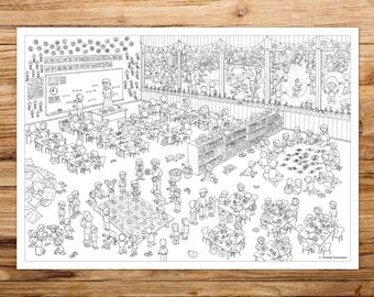 May include: Black and white illustration depicting a busy classroom with children and teachers. The scene includes desks, a chalkboard with sums, and the alphabet. Children are involved in different activities, creating a vibrant learning environment.