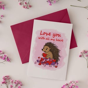 Liebe dich mit ganzem Herzen Karte, Valentinstagskarte, Druckbare Liebeskarte, Waldfreunde, Igel, denke an Dich, Wertschätzung Karte