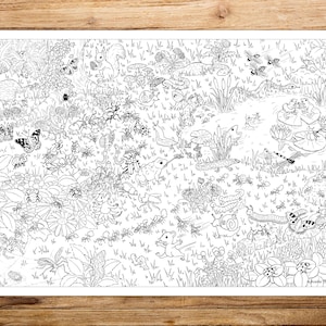 May include: Black and white illustration of a detailed nature scene filled with various insects, animals, and plants. The artwork features butterflies, frogs, ants, and other creatures in a grassy environment, perfect for coloring.