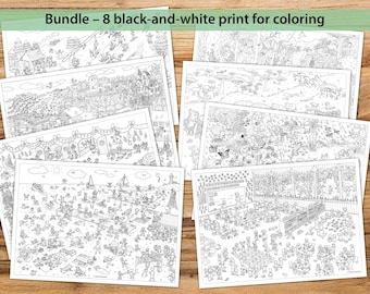 Search and Find Coloring Pages: 8 Illustrated Themes (Instant Download)