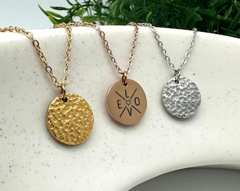 Personalized hammered necklace, stainless steel chain with pendant, women's and men's jewelry, letters as family chain initials engraving