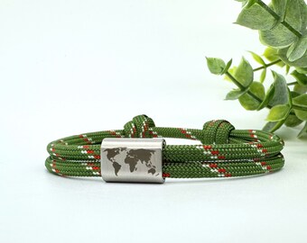Sailing rope bracelet, world map engraving, handmade bracelet for men and women, partner bracelet, gift for boyfriend and girlfriend