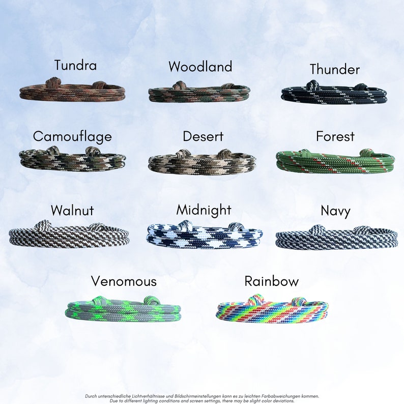 Unsere Segeltau Armband Farben, aus denen du deine Wunschfarbe für dein Armband oder dein Geschenk auswählen kannst.