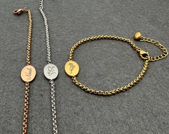 Bracelet avec gravure, pendentif ovale, bracelet personnalisé, bracelet fleur de naissance, bracelet signe du zodiaque, bracelet carte du monde, bracelet prénom