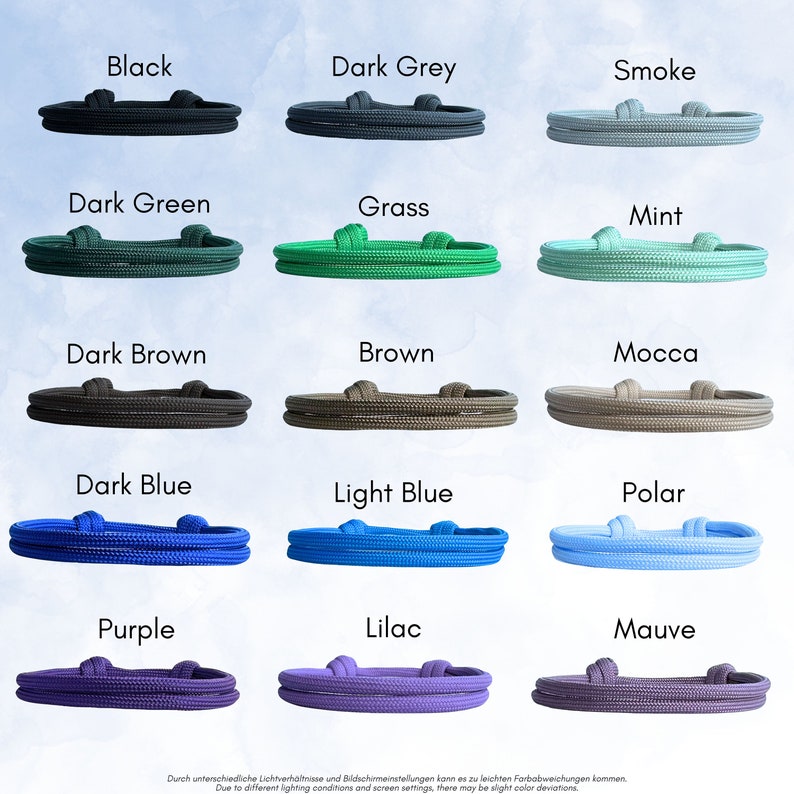 Unsere Segeltau Armband Farben, aus denen du deine Wunschfarbe für dein Armband oder dein Geschenk auswählen kannst.
