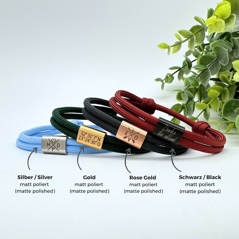 Wir bieten vier Farben für den Edelstahlschieber an deinem Armband. 18k Gold, 18k Roségold, Silber und Schwarz. Jeweils beschichtet und in einem matten Finish.