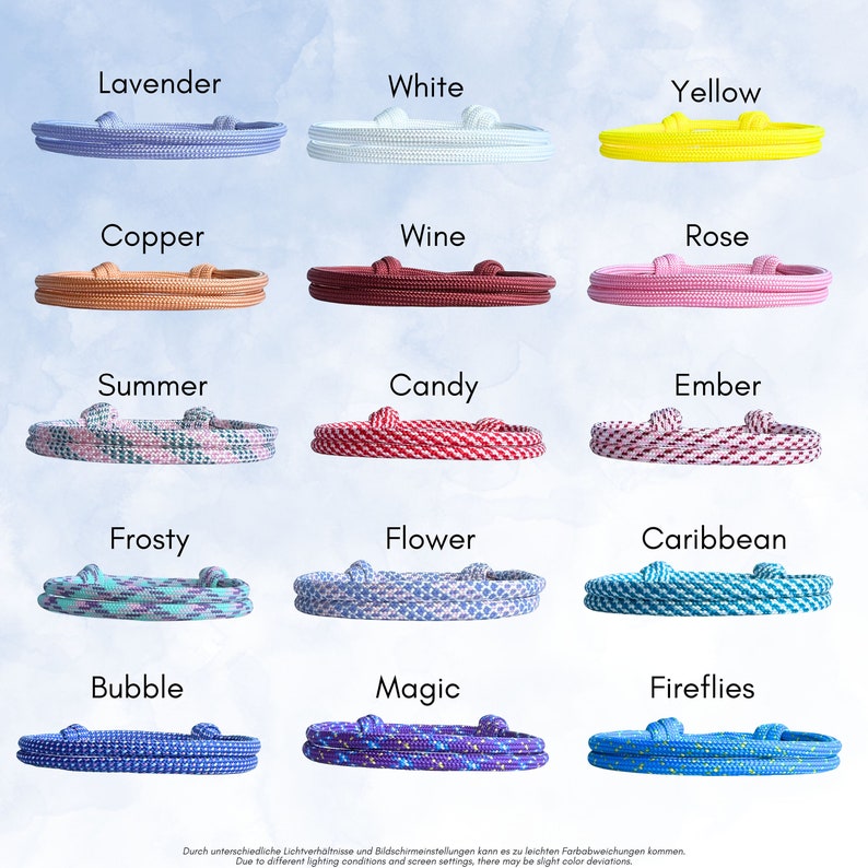 Unsere Segeltau Armband Farben, aus denen du deine Wunschfarbe für dein Armband oder dein Geschenk auswählen kannst.