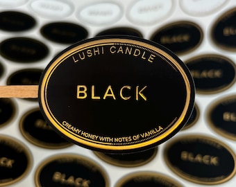 Può includere: Etichetta per candele ovale nera con scritta dorata "Lushi Candle Black Creamy Honey with Notes of Vanilla".
