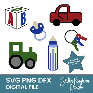 May include: A collection of digital baby-themed graphics, including a red car, green tractor, blue pacifier, baby bottle, ABC block, and a set of keys. A teal star-shaped graphic reads "Digital Download Only".