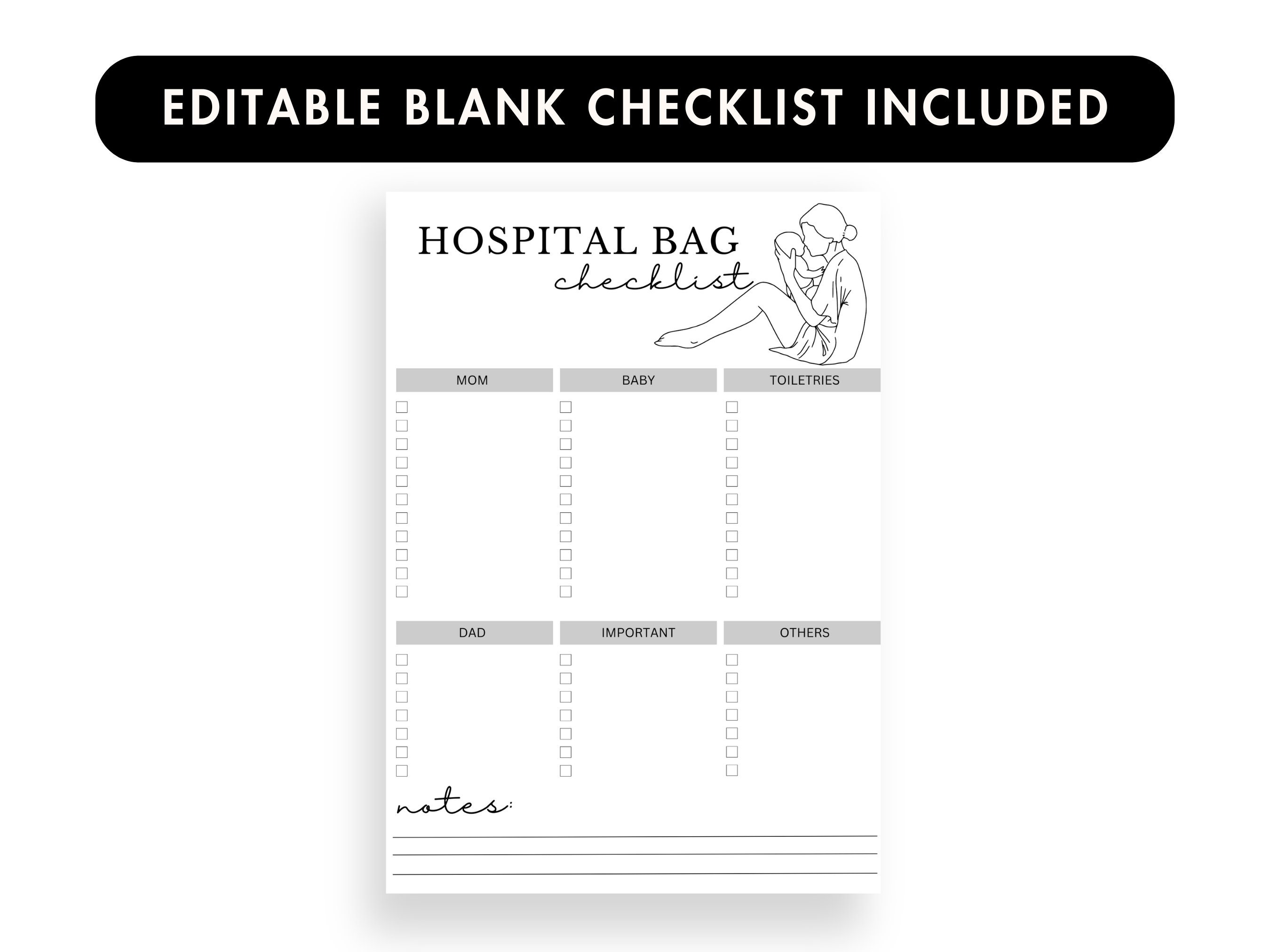 Hospital Bag Checklist Printable Hospital Bag Packing Template Editable Birth Packing Checklist ...