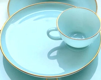 Fire King Turquoise Blue 12 Piece Snack Set Cups Plates 22k Gold