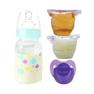 May include: A baby bottle with a blue and white design, two pouches of formula, and a purple pacifier.