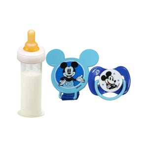 May include: A baby bottle filled with milk, a blue Mickey Mouse pacifier, and a matching pacifier clip. The pacifier clip and pacifier feature a Mickey Mouse design. The bottle has a yellow nipple.