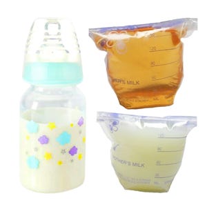 May include: Two clear plastic bags with a blue tint, each containing a white liquid and labeled "Mother's Milk". One bag has a yellow liquid and is labeled "Mother's Milk". A clear baby bottle with a blue lid and a colorful design is filled with a white liquid.