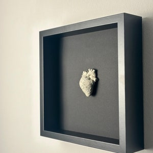 Corazón anatómicamente correcto de hormigón en un marco de fotos negro: una obra de arte única con una gran cantidad de detalles