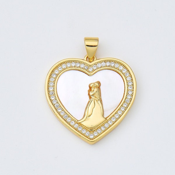 Bridal Couple in Opal Heart Add-On Charm with CZ Micro Pave, Delicate Gold Filled Heart Pendant for Necklace Earring Jewelry Making, CP1972