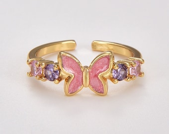 Pink Shell Butterfly Ring, Gold Filled CZ Micro Pave Butterfly Ring, Open Adjustable Ring, Minimalist Ring, Mariposa Ring for Her, RG165