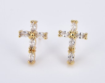 Dainty Cross CZ Earrings, Gold Filled Cross Stud Earrings, CZ Micro Pave Earrings, Gold Religious Gift Jewelry, Minimalist Earrings, ER263