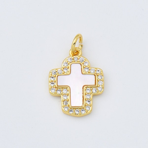 Cross Add-On Charm in Gold Filled with CZ Micro Pave, Pearl Shell Religious Cross Necklace Pendant Earring Jewelry Making Components, CP2001