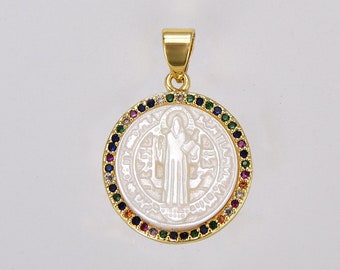 St. Benedictus zoetwaterparel hanger in goud gevuld, kleur CZ Micro Pave St. Benedict Coin Disc Add-On Charm hanger sieraden maken, CP1036